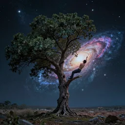 A tree turning into a human who is turning into a galaxy, cinematic establishing shot