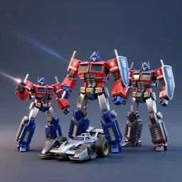 3 d model : banger racing car as a transformer toy with shield and laser weapons, octane render, digital artwork rendered as 3 d, single light source, alternate dynamic model poses, futuristic matte background painting.