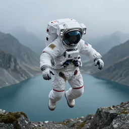 space astronaut flying over himalaya mountains lake, small foggy and blue gloomy, bokeh background, highly detailed science fiction illustration by jeremy geddes. photorealistic, octane render, hyper detailed, 8 k, movie still, artstation, unreal engine