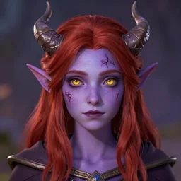 a portrait of a cute tiefling girl with a scar along her face, red hair, skin colour purple, horns from her head, yellow eyes, cleric, dnd art, fantasy, digital art, high quality.
