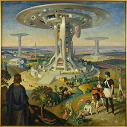 A beautiful landscape painting of dystopian future by Alfons Maria Mucha and guido borelli da caluso and don bluth