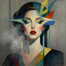 portrait of a hypnotic eyed beautiful woman, colorful, modern art deco, mads berg, karolis strautniekas, christopher balaskas, stippled light, fog, moody, fine texture, editorial illustration, dramatic lighting, dynamic composition, detailed, matte print, dynamic perspective, muted color
