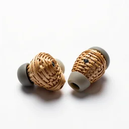 wicker earbuds, high detail macro photography, isolated on a pure white background, centered, entire object in frame, sharp focus, soft studio lighting
