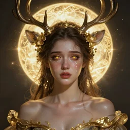 young woman with antlers, sad glowing eyes, tears flowing down her face, fantasy, intricate, highly-detailed, elegant, gold, crown, flowers, dramatic lighting, glowing halo, gorgeous face, sexy gown, lifelike, photorealistic face, digital painting, artstation,  illustration, concept art, smooth, sharp focus, art by John Collier and Albert Aublet and Krenz Cushart and Artem Demura and Alphonse Mucha