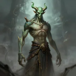 the god of chaos, tall yet skinny physique, green horns, highly detailed digital painting