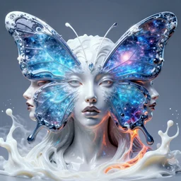 3 d goddess butterfly face portrait, glossy, ice, galaxy, plasma, lava, milk, artwork by tooth wu and greg rutkowski and wlop and beeple, 8 k trending on artstation, volumetric lighting