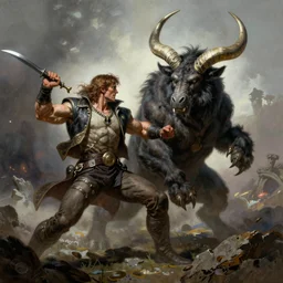 Conan fighting a minotaur, fantasy art by Frank Frazetta, highly detailed, trending on artstationhq