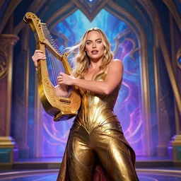 hyper realistic action shot of Lux in League of Legends played by Margot Robbie, 4k, Carl Zeiss, sigma, Tamron so 85mm, stunning arcanum backdrop, magic, ornate set design, cinematic, lute