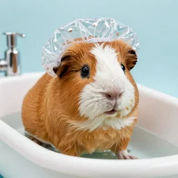 guinea pig in a bathtub wearing a shower cap