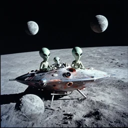 aliens and spacecraft resting on the moon, 1 9 7 0's vintage photo, frosted texture.