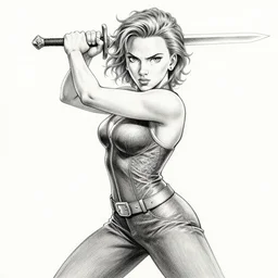 scarlett johansson spinning with swinging a sword in fist of the north star anime style, pencil and ink manga, full body action pose, dramatic lighting in a post apocalyptic cyberpunk city, at night with dramatic moonlight, drawn with added movement effects