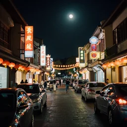 winding asian street under moonlight, neon signs, cars, people, chinese lanterns, Canon A1
