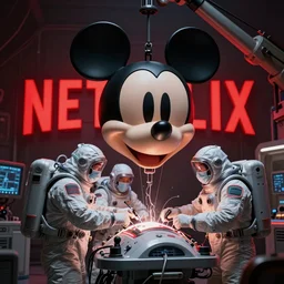 graphic art of dystopian futuristic 1 0 mechanic surgeons in space suits, operate on a huge mickey mouse! severed - head!! held by a crane. ominous glowing red netflix!!! sign in the background, trending on art station, beeple