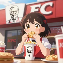 kawaii girl eating KFC, behind is KFC heaven, epic cinematic still, dynamic perspective, anime style, beautiful volumetric light