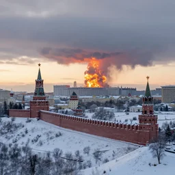 kremlin in the hills, a lot of snow, nuclear explosion in the background, sunrise, by greg rutkowsky, artgerm, simon stalenhag,