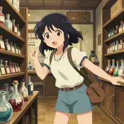 anime frames, portrait of a young female traveler in a alchemist's potion shop interior shopping, cute face by murata range, last exile, blue submarine no 6, dynamic perspective pose, detailed, lomography, hdr, anime cels, yoh yoshinari