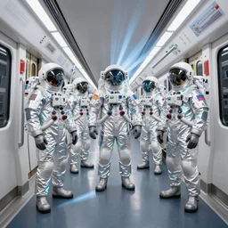 astronauts in holographic chrome suits in subway - complex composition. anaglyph materials. rays and dispersion of light. volumetric light. wide angle, f / 3 2. noise film photo. flash photography. ultra realistic, poster by wayne barlowe, mike winkelmann, wayne barlowe, craig mullins. sci - fi