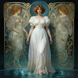 full body painting of a woman posing, short wavy hair, round face, intricate white dress, cottagecore!!, inside water, intricate, enlightened, highly detailed, digital painting, artstation, concept art, smooth, sharp focus, illustration, art by artgerm and greg rutkowski and alphonse mucha