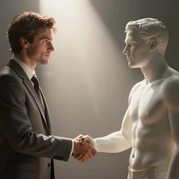A man in a suit on the left shakes hands with a man made of fire and plasma in the right, alleyway, downtown, realistic digital photo, surreal