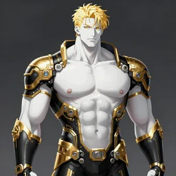 pixel art of the latest blond male beefcake by Sakimichan, porcelain white skin, gilded baroque obsidian cyberpunk bodysuit, voluptuous male, long curly light blond hair, long fluffy blond curly hair, wreathed in scintillating radiance flames of war, detailed pixel art