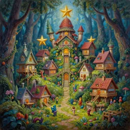Intricate five star Pixie Village in a magical forest by Greg Rutkowski and Thomas Kinkade, oil on canvas, Coherence, HDR, high detail, Photo realistic, hyperrealism,matte finish, high contrast, 3d depth, masterpiece, vivid and vibrant colors, enhanced light effect, enhanced eye detail,artstationhd
