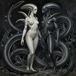 ultra realist intricate detailed painting of an attractive alien female and alien male, full body, curvy, black scales, very intricate details, focus, artstyle Beksiński and Hiraku Tanaka, award winning