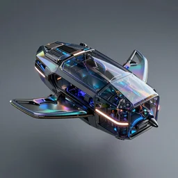 photo of a futuristic box - shaped dark glass and plastic iridescent octopus skin flying vehicle with aerodynamic fins and canards, venturi tunnels, neon lights