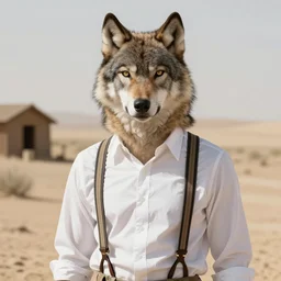 beautiful portrait commission of a male furry anthro wolf wearing white dress shirt with suspenders in an old-timey desert town. Atmospheric. Character design by charlie bowater, ross tran, artgerm, and makoto shinkai, detailed, inked, western comic book art