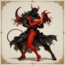 dance of black man and a female red devil, Dark Souls 3 themed, in style of Ruan Jia, insanely detailed and intricate, elegant, ornate, luxury, elite, matte painting, cinematic, cgsociety, James jean, Brian froud, ross tran, Laputa