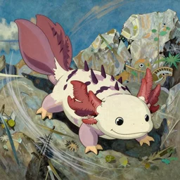 an axolotl, by studio ghibli painting, by Joaquin Sorolla rhads Leyendecker, An aesthetically pleasing, dynamic, energetic, lively, overlaid with aizome patterns, by Ohara Koson and Thomas Kinkade, traditional Japanese colors, superior quality, masterpiece