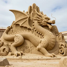 photograph of the perfect and detailed of a dragon how a sand sculpture designed by architect antoni gaudi, cinematic composition, catalan modernisme, hyperrealistic, volumetric lighting, epic, insanely detailed, beautiful, unreal engine 5 render, 8 k,