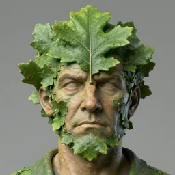 ( leafy is having an green oak leaf texture and a fractal structure ) ( fred is a stern middle aged man ) hyperrealistic close up studio portrait of leafy fred, hyperrealistic sculpture, trending on artstation 8 k shocking detail hard shadows