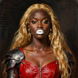 warrior portrait, mulatto,, beautiful face, beautiful features, white lips, long golden hair, red closed leather dress, leather armor, iron armor, gold earrings, alexander mcqueen clothing, very beautiful style, realism, oil, durer graphics, edgard mcsons,