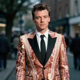 realistic 35mm photograph of Morrissey wearing a suit made of bacon