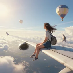 photorealistic very wide shot of a girl sitting on the wing of a flying passenger airplane, side view, very windy, sunny morning light, hot air balloons in the distance, hdr, volumetric lighting, intricate details, detailed digital artstation concept by noriyoshi ohrai and krenz cushart and john william waterhouse, unreal engine, octane render