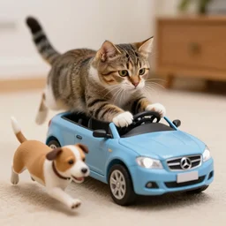 cat driving a tiny car being chased by a dog, photo, detailed, 4k