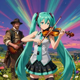 hatsune miku playing violin by rembrandt and konstantin razumov, psychedelic, vibrant colors