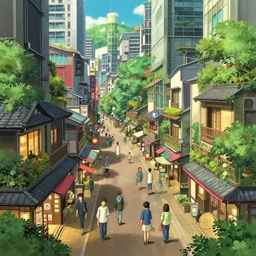 highly detailed modern city street, detailed shops, people walking around. in the style of spirited away, vibrant colours, hyperrealism, dynamic lighting, art by satoshi kon and studio ghibli, lush detail, award winning, pixiv fanbox, trending on artstation, by otto dix and greg rutkowski and beeple, 4 k