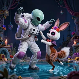 an evil alien astronaut, stalks a cute fluffy dia de los muertos bunny and his friend the cunning coyote that gleefully dance in a pool of water. dark dance photography, intricate detailed 8 k environment, james jean, nisachar art, mateo dineen, alessandro bavari high times magazine aesthetic