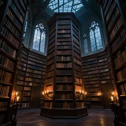 the eldritch library of ancient lore, interior shot, high bookshelves, dark wood, candles, gothic architecture, twilight streaming through high windows, skylights