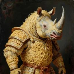 zoomed out half boy half rhino made of spaghetti, intricate armor made of spaghetti fractals, ancient warrior, samurai style, by giuseppe arcimboldo and ambrosius benson, renaissance, intricate and intense oil paint, a touch of beksinski, realistic