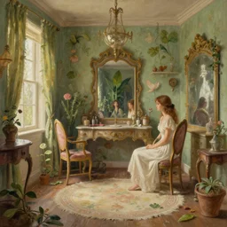 beautiful digital matter cinematic painting of whimsical botanical illustration of shabby chic dressing room by greg rutkowki and alena aenami artstation