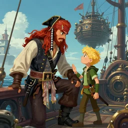 A sky-pirate with long red hair meeting a young boy thief with blonde hair on an airship, epic fantasy art style