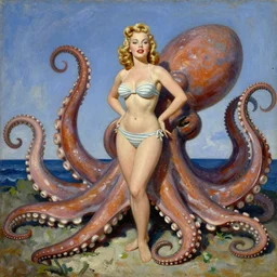 1940s pinup bikini girl with tentacles wrapped around her by a giant octopus, oil painting, by Gil Elvgren