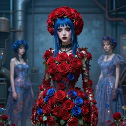 a industrial rebellious girl made of red roses and blue rosa hybrida, punk rock, realistic fantasy art by greg rutkowski and magali villanueve and monet, concept art, smooth, cinematic lighting, 8 k resolution