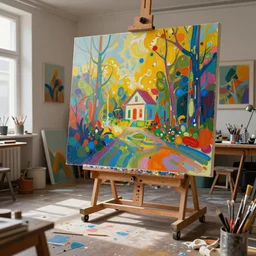 an colorful art studio in a painting from stalenhag, 4 k, 8 k, hdr, artstation, concept art