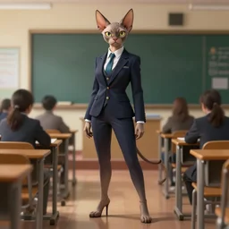 full body photograph of a female anthropomorphic sphynx cat fursona wearing a nice suit in a school classroom, deep focus, intricate, elegant, highly detailed, digital painting, artstation, concept art, matte, sharp focus, illustration, d & d, fantasy, hearthstone, art by artgerm and greg rutkowski and alphonse mucha
