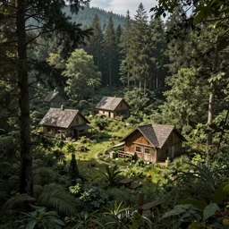 forest with houses, hd, hdr, unreal engine 5, cinematic, 4k wallpaper, 8k, ultra detailed, high resolution, artstation,