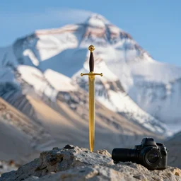 a golden sword is sitting on the peak of mount everest, clear focus, bokeh effect, high res, hasselblad, dslr, 4 k