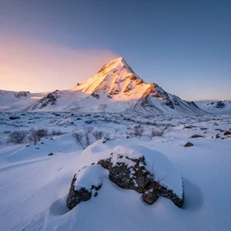 beautiful snowy mountain landscape of iceland with a majestic sunrise and, art, high detail, high definition, photorealistic, hdr,